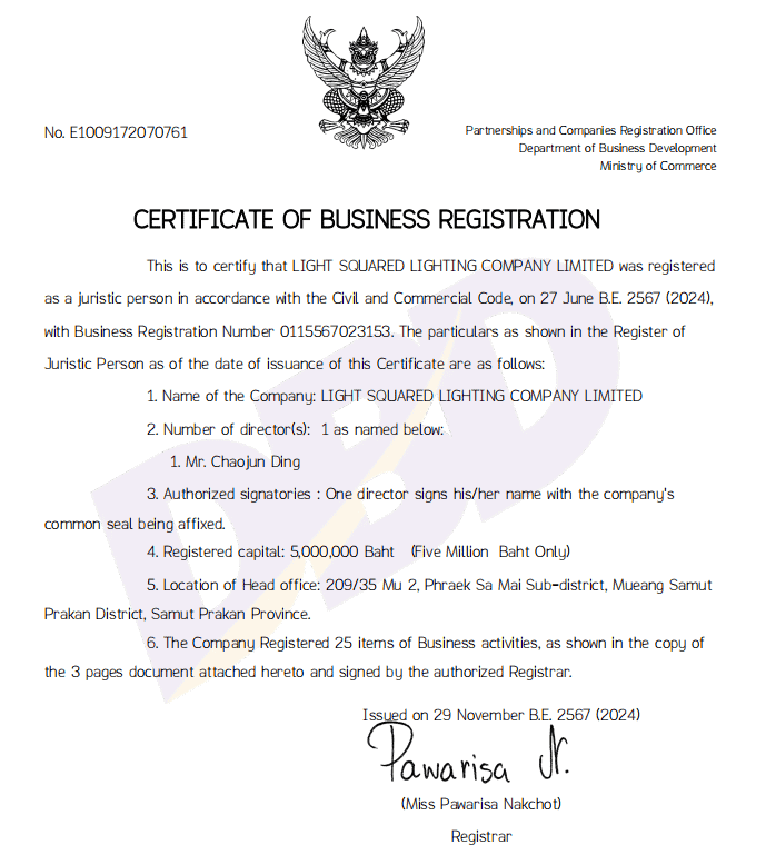 light squared's business license in thailand